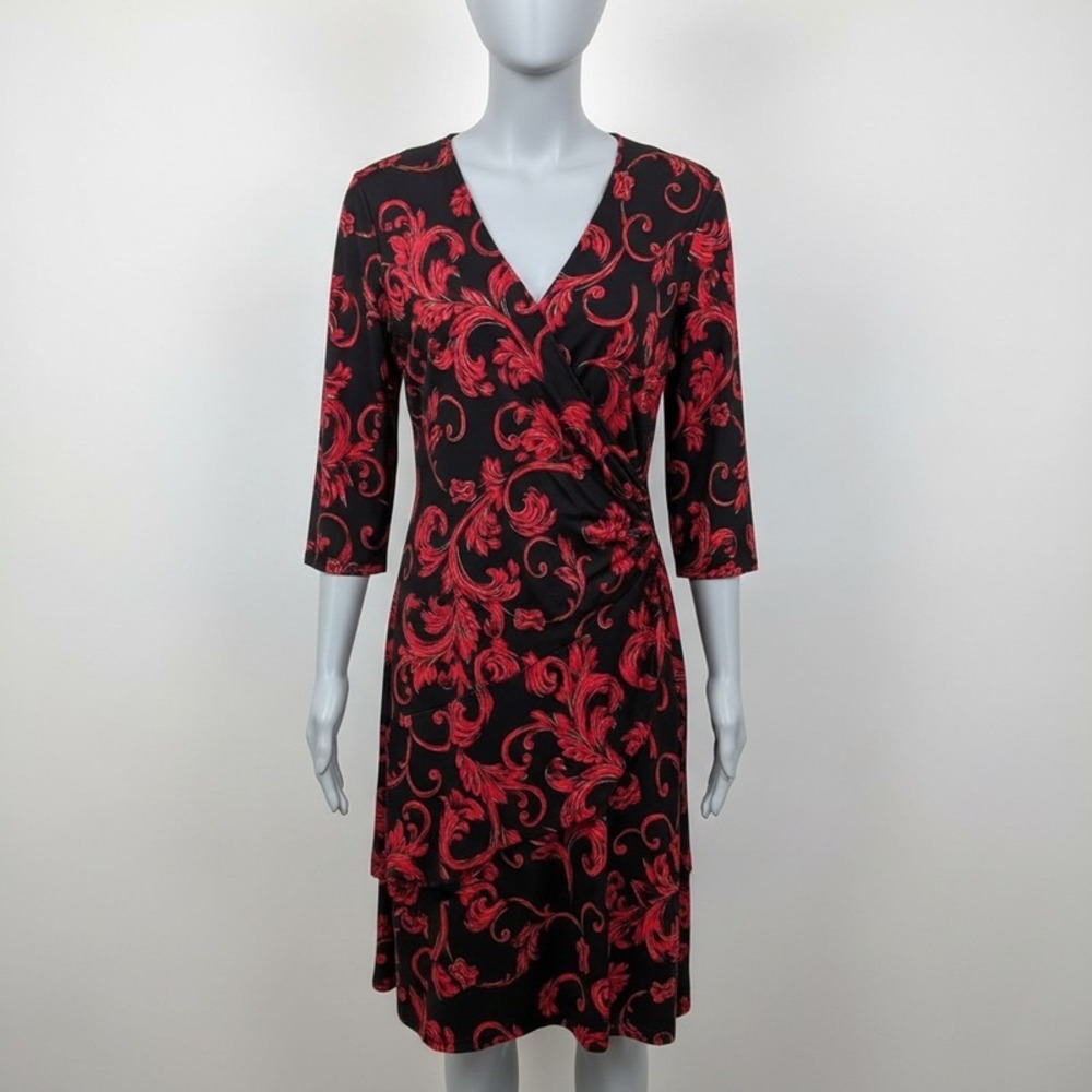 Dark Romantic Red Black Baroque Print Faux Wrap Dress XL Holiday Party